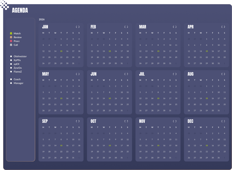 Preview of the EZteam yearly agenda, with event types and team members filters